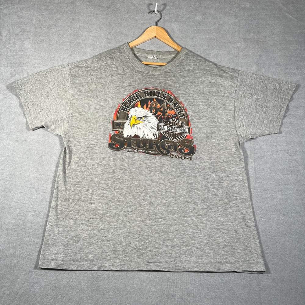 Harley-Davidson Sturgis 2004 Graphic Tee Crew Neck T-Shirt Mens 2XL Gray Cotton